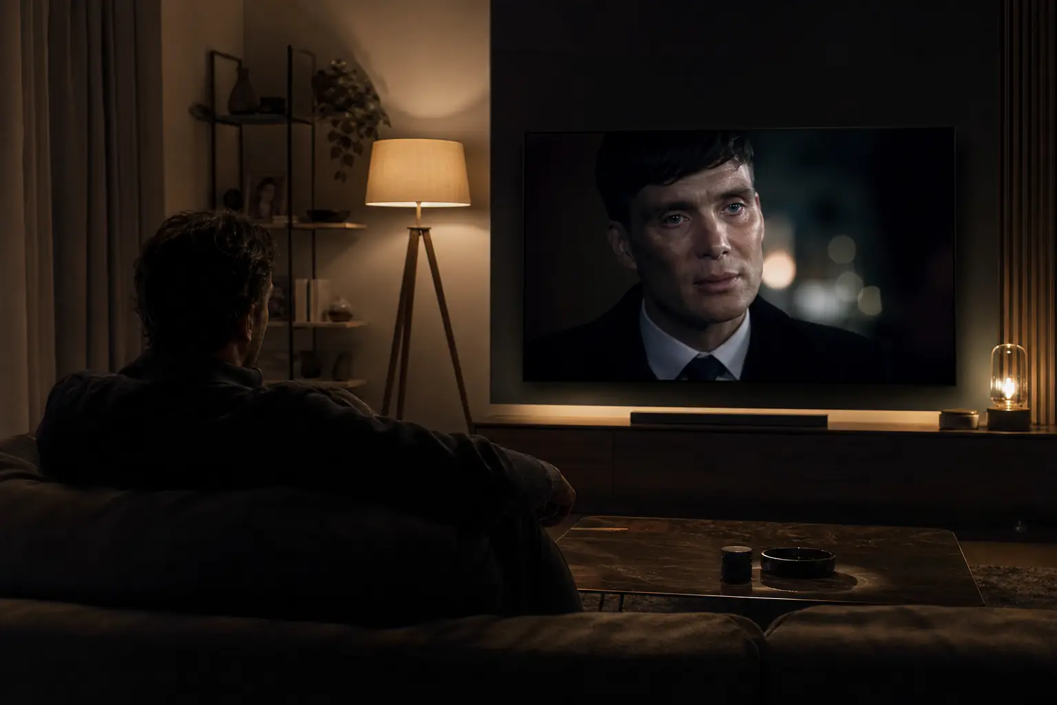Person watching television in a dimly lit living room