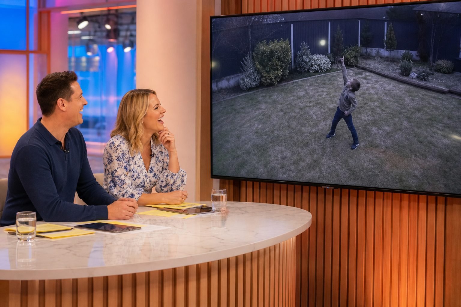 Zwei Moderatoren in einem TV-Studio lachen, während der Videoclip aus dem Garten auf dem Studiobildschirm läuft